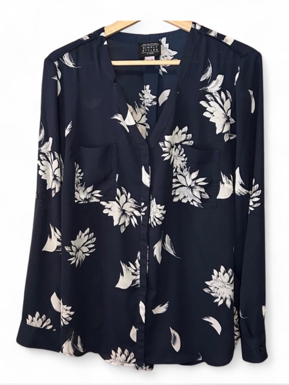 Simply Styled Navy Floral V-Neck Button Blouse